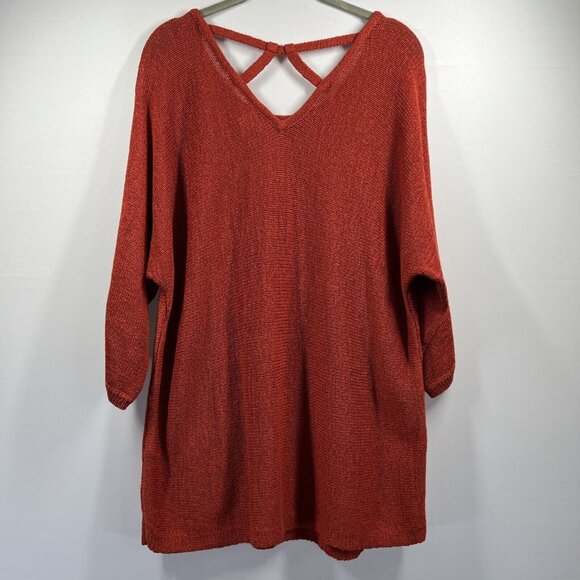Chicos Tunic Sweater Size Large Solid Rust 3/4 Sleeves Knit Pullover Semi Sheer - Picture 2 of 8